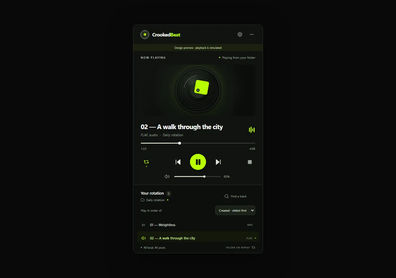 CrookedBeat проигрывает музыку из выбранной папки